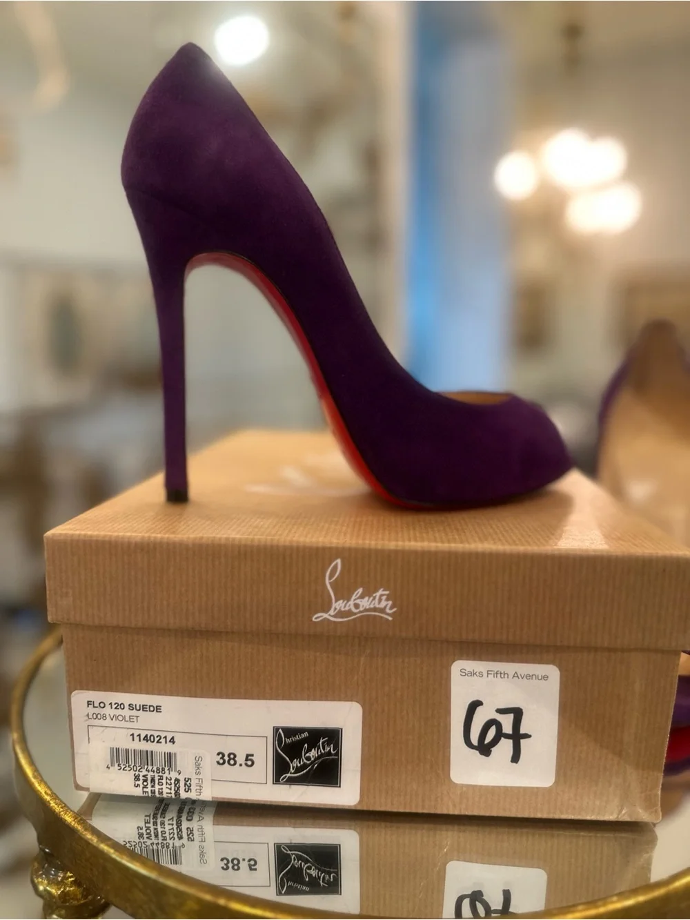 Christian Louboutin Purple Suede Peep-Toe Pumps with Red Soles